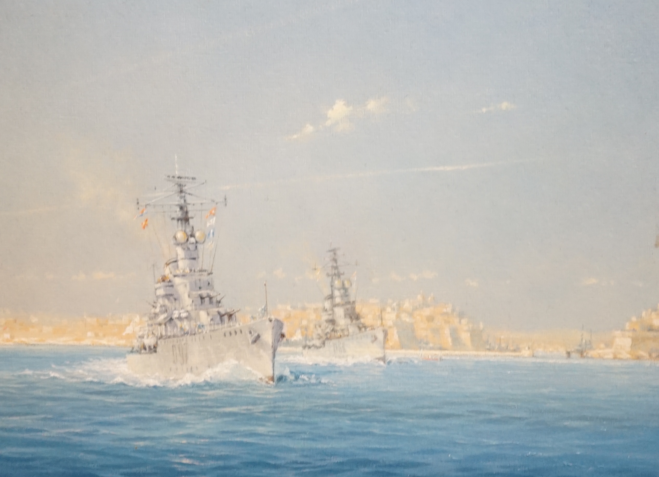 Cmdr. Rex Phillips (1931-2015), oil on board, 'Proceed with Dispatch HMS Corunna and Barrosa sail from Malta', signed, At The Mall Galleries inscribed label verso, 33 x 44cm. Condition - good